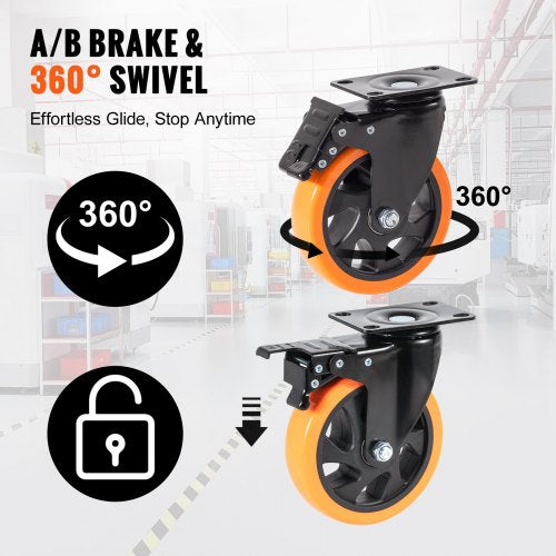 Caster Wheels 5inch Swivel Plate Casters Set of 4 with Security AB