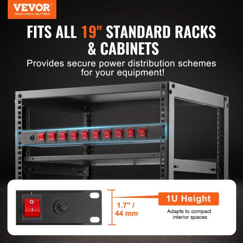 1U PDU 10 Outlets Rack Mount Power Strip Fits Standard 19 Server Racks
