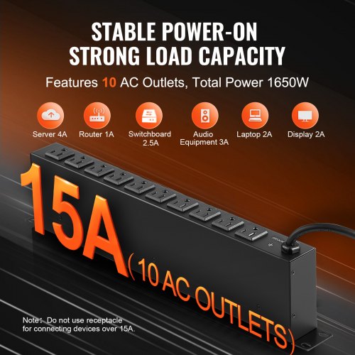 1U PDU 10 Outlets Rack Mount Power Strip Fits Standard 19 Server Racks