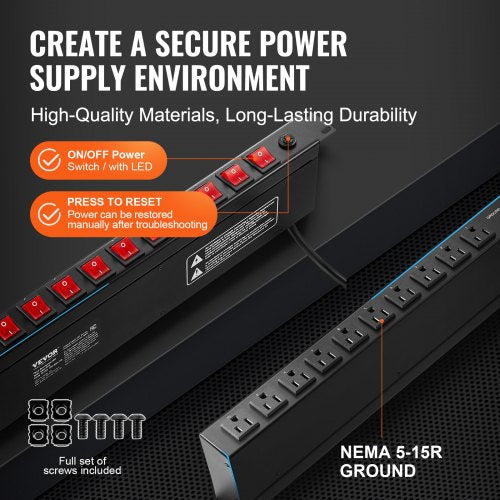 1U PDU 10 Outlets Rack Mount Power Strip Fits Standard 19 Server Racks