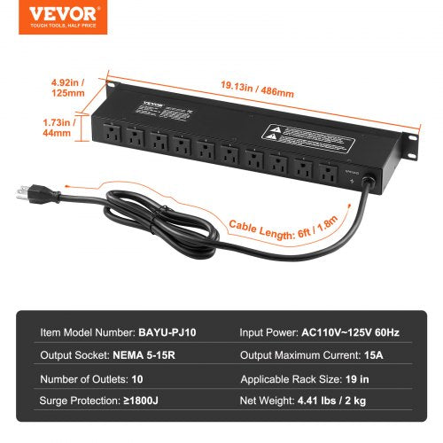 1U PDU 10 Outlets Rack Mount Power Strip Fits Standard 19 Server Racks