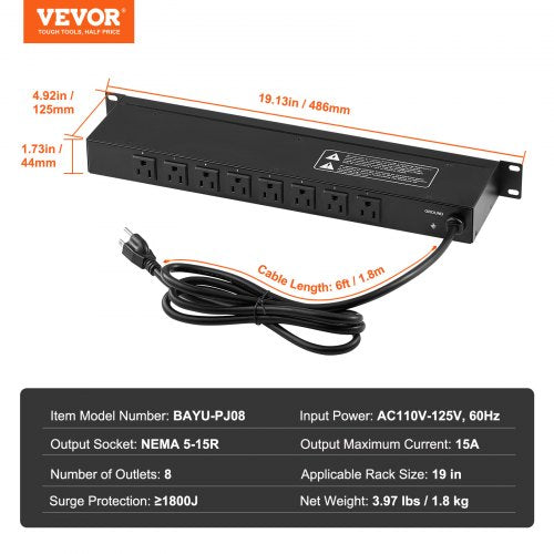 1U PDU 8 Outlets Rack Mount Power Strip Fits Standard 19 Server Racks