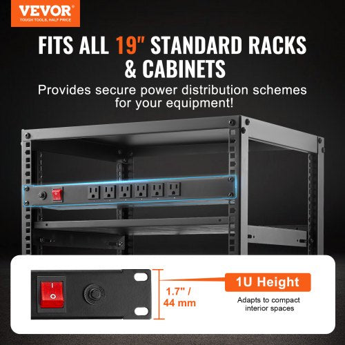1U PDU 12 Outlets Rack Mount Power Strip Fits Standard 19 Server Racks