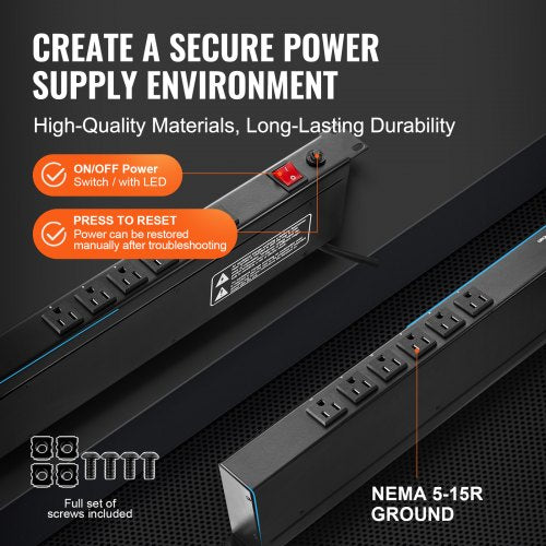 1U PDU 12 Outlets Rack Mount Power Strip Fits Standard 19 Server Racks