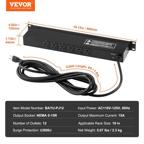 1U PDU 12 Outlets Rack Mount Power Strip Fits Standard 19 Server Racks
