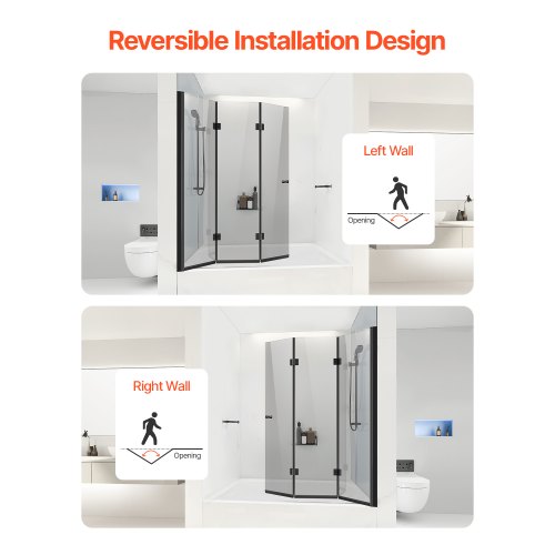 Bathtub Shower Door 51 in W x 56 in H Frameless Foldable Hinged Shower