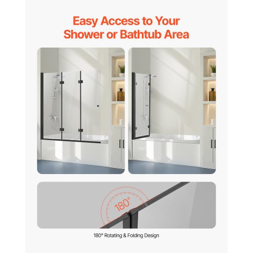 Bathtub Shower Door 51 in W x 56 in H Frameless Foldable Hinged Shower