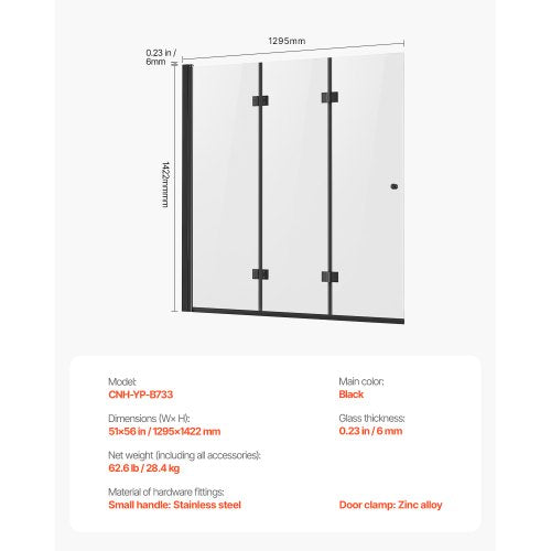Bathtub Shower Door 51 in W x 56 in H Frameless Foldable Hinged Shower