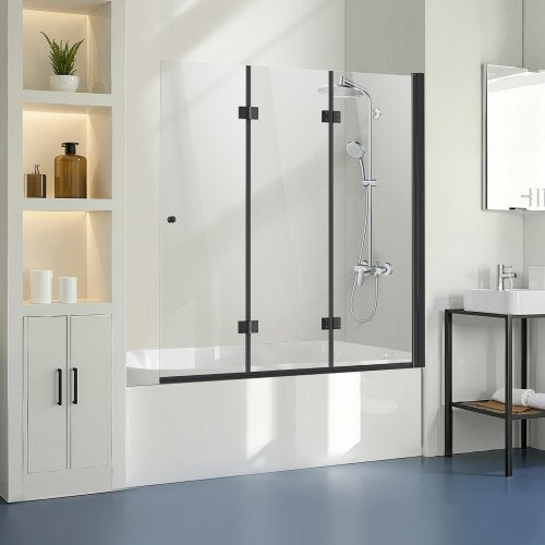 Bathtub Shower Door 51 in W x 56 in H Frameless Foldable Hinged Shower