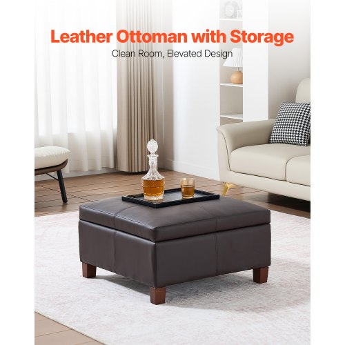 28 in Square Leather Ottoman with Storage Upholstered Tufted Button Coffee