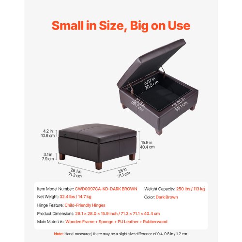 28 in Square Leather Ottoman with Storage Upholstered Tufted Button Coffee
