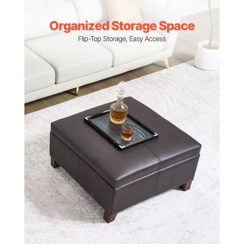 28 in Square Leather Ottoman with Storage Upholstered Tufted Button Coffee