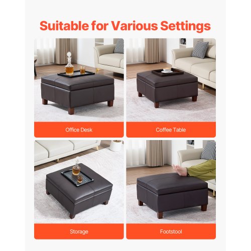 28 in Square Leather Ottoman with Storage Upholstered Tufted Button Coffee