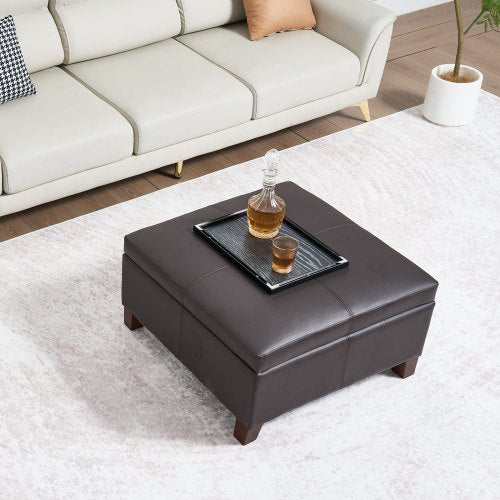 28 in Square Leather Ottoman with Storage Upholstered Tufted Button Coffee
