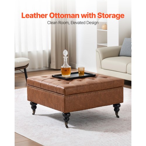 31 in Square Leather Ottoman with Storage Upholstered Tufted Button Coffee