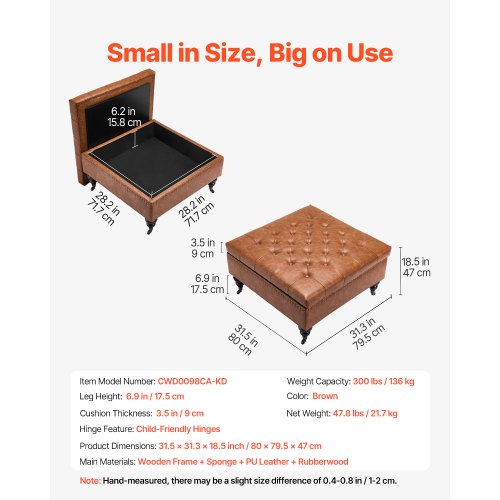 31 in Square Leather Ottoman with Storage Upholstered Tufted Button Coffee