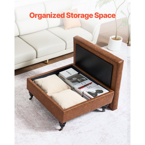 31 in Square Leather Ottoman with Storage Upholstered Tufted Button Coffee