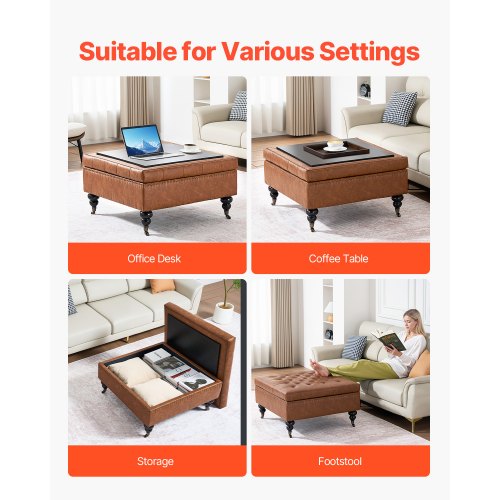 31 in Square Leather Ottoman with Storage Upholstered Tufted Button Coffee