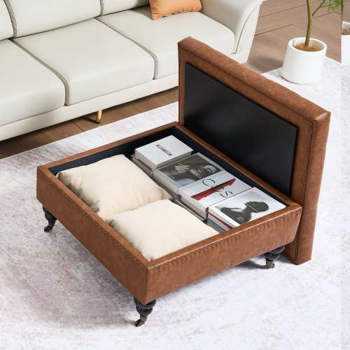 31 in Square Leather Ottoman with Storage Upholstered Tufted Button Coffee