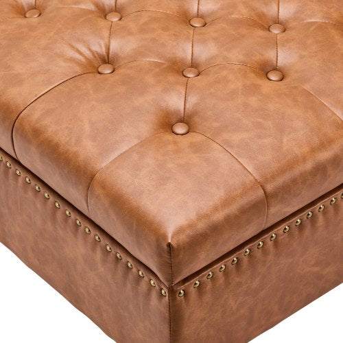 31 in Square Leather Ottoman with Storage Upholstered Tufted Button Coffee
