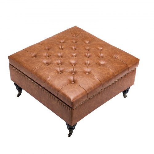31 in Square Leather Ottoman with Storage Upholstered Tufted Button Coffee