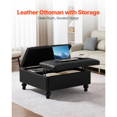 34 in Square Leather Ottoman with Storage Upholstered Tufted Button Coffee