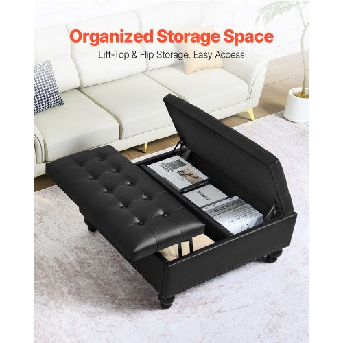 34 in Square Leather Ottoman with Storage Upholstered Tufted Button Coffee