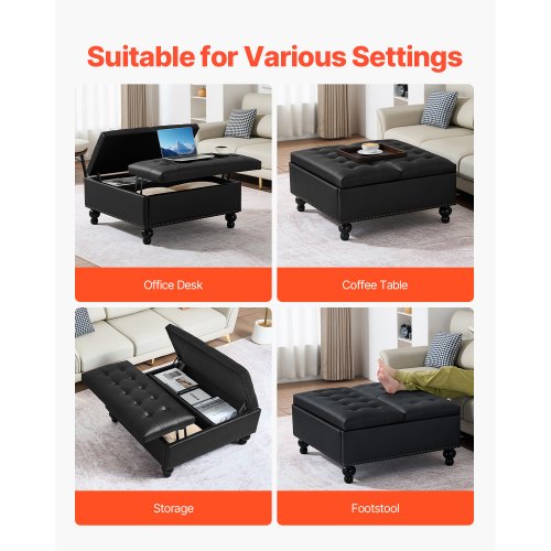 34 in Square Leather Ottoman with Storage Upholstered Tufted Button Coffee