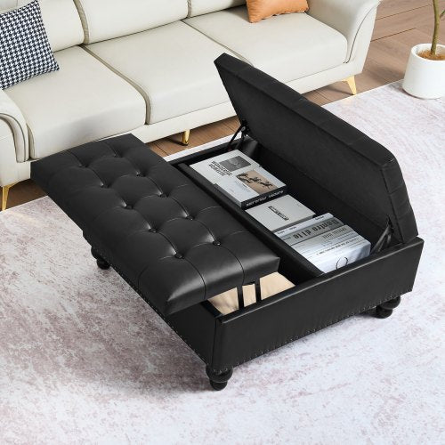 34 in Square Leather Ottoman with Storage Upholstered Tufted Button Coffee