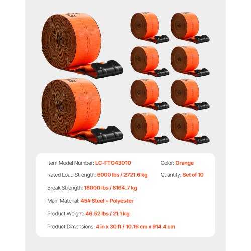 Winch Straps 4 in x 30 ft Truck Straps with Flat Hook 10 Pack Heavy Duty