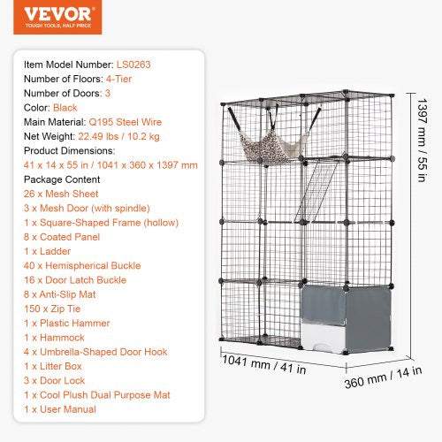 Large 4tier Cat Cage 41 x 14 x 55 Detachable Metal Wire Cat Enclosure