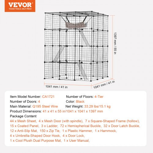 Large 4tier Cat Cage 41 x 41 x 55 Detachable Metal Wire Cat Enclosure