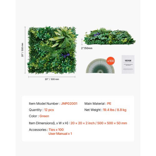 Artificial Grass Wall Panels 12 PCS 20 x 20 inch 3D Combination Greenery