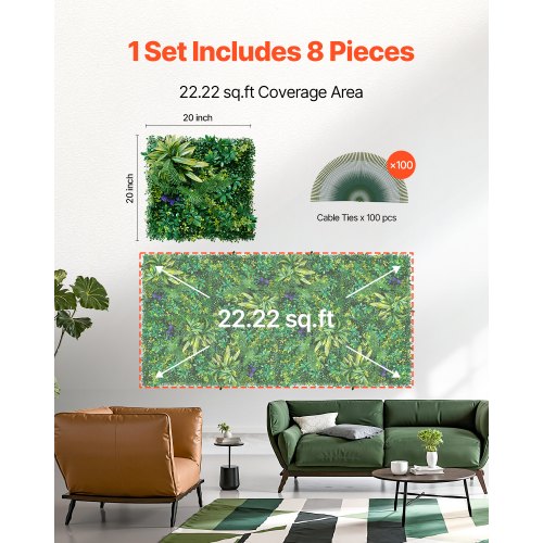 Artificial Grass Wall Panels 8 PCS 20 x 20 inch 3D Combination Greenery