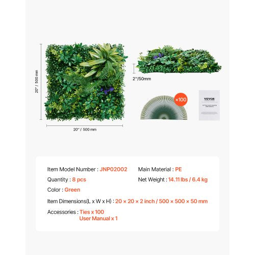 Artificial Grass Wall Panels 8 PCS 20 x 20 inch 3D Combination Greenery