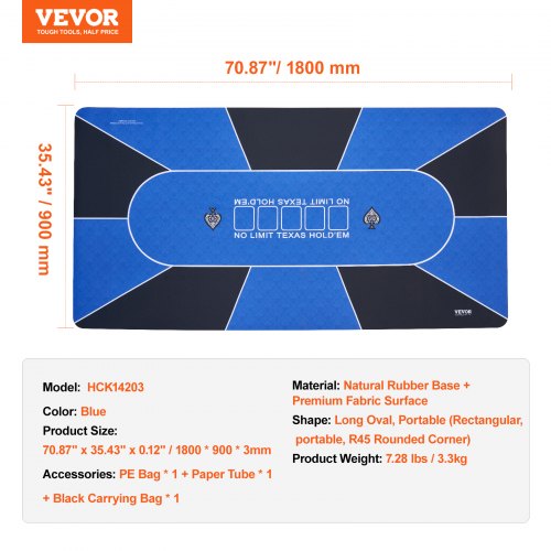 Poker Table Top 70 x 35 Inch Poker Mat 68 Players Foldable with Bag Blue