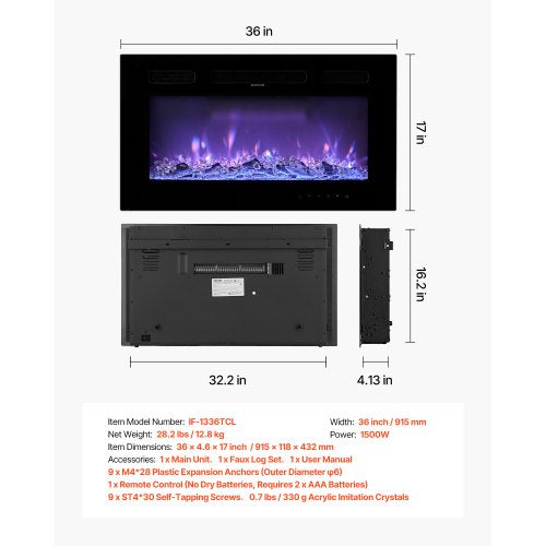 36 inch Electric Fireplace Wall Mounted Recessed Fire Place with Remote