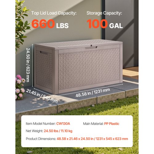 Outdoor Storage Box 100 Gallon Resin Deck Box Backyard Outside Toy and Towel