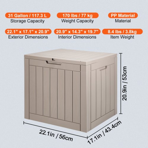 Outdoor Storage Box 31 Gallon Resin Deck Box Backyard Outside Toy and Towel