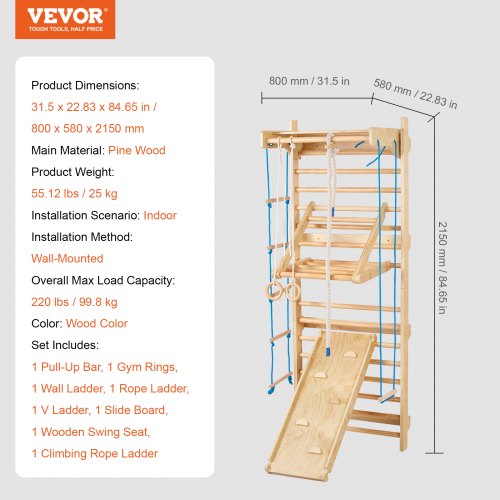 Swedish Ladder Wall Gym 8 in 1 Wooden Indoor Playground Climbing Toys 220