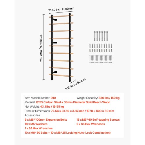Swedish Ladder Wall Gym 9Level Swedish Ladder Suspension Trainer 330LBS