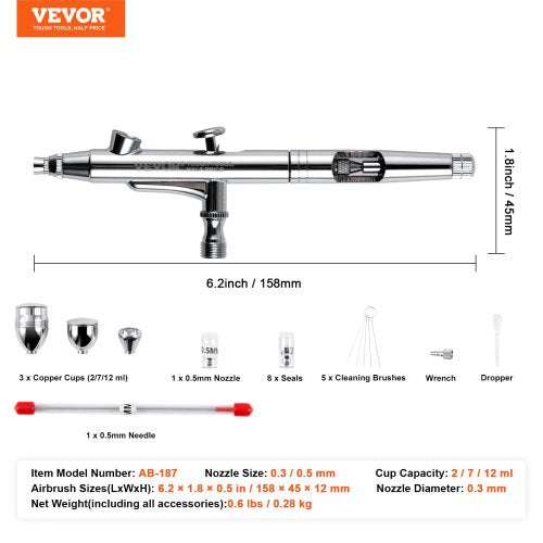 Airbrush Gun Dual Action Gravity Feed with 0.3 mm and 0.5 mm Nozzles