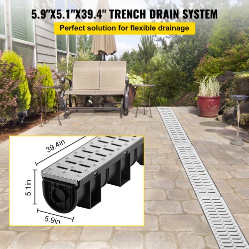 Trench Drain System Channel Drain with Metal Grate 59x51Inch HDPE