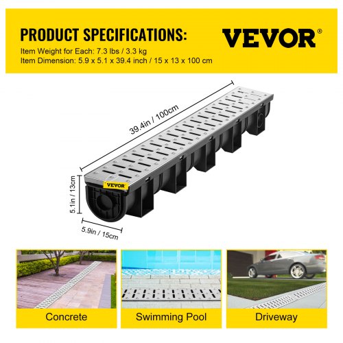 Trench Drain System Channel Drain with Metal Grate 59x51Inch HDPE