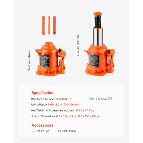 Hydraulic Bottle Jack 20 Ton44092 lbs Welded Bottle Jack with 669