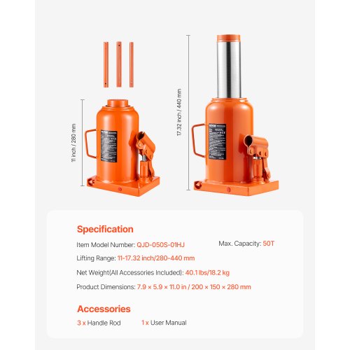 Hydraulic Bottle Jack 50 Ton110231 lbs Welded Bottle Jack with 11