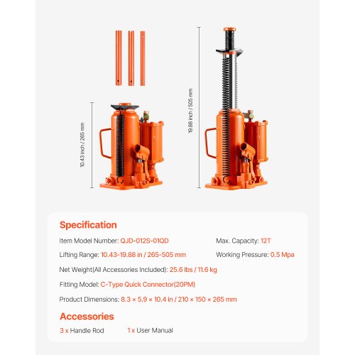 Air Hydraulic Bottle Jack 12 Ton26455 lbs Pneumatic Hydraulic Bottle Jack
