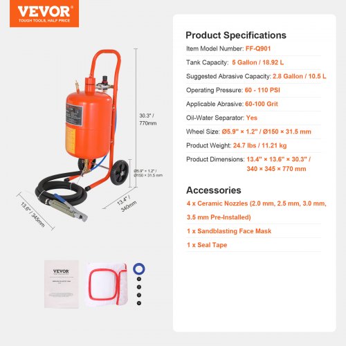 5 Gallon Sand Blaster 60110 PSI High Pressure Sandblaster Portable