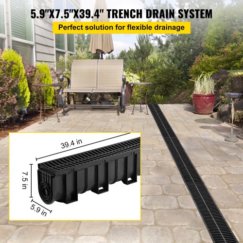 Trench Drain System Channel Drain with Plastic Grate 59x75Inch HDPE