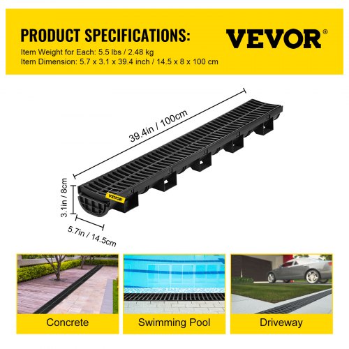Trench Drain System Channel Drain with Plastic Grate 57x31Inch HDPE